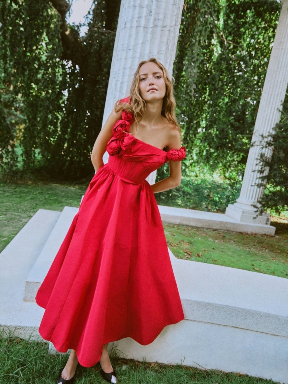 Rachel Gilbert Henley Floral Strap Rosette Red Asymmetrical Taffeta Gown - US 8